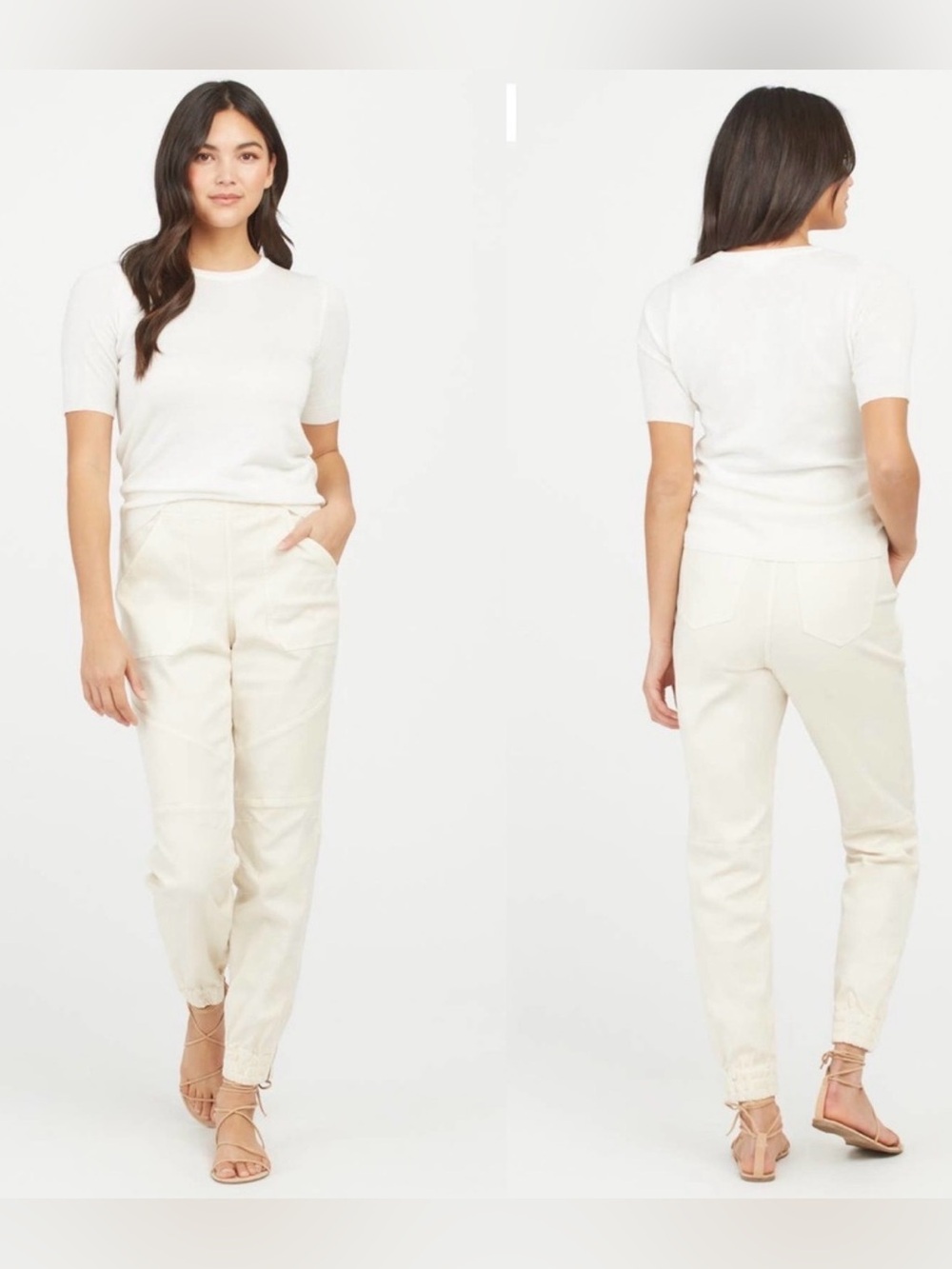 Spanx Pants Twill Cargo Jogger Casual High Rise Womens Small Cream Parchment EUC
